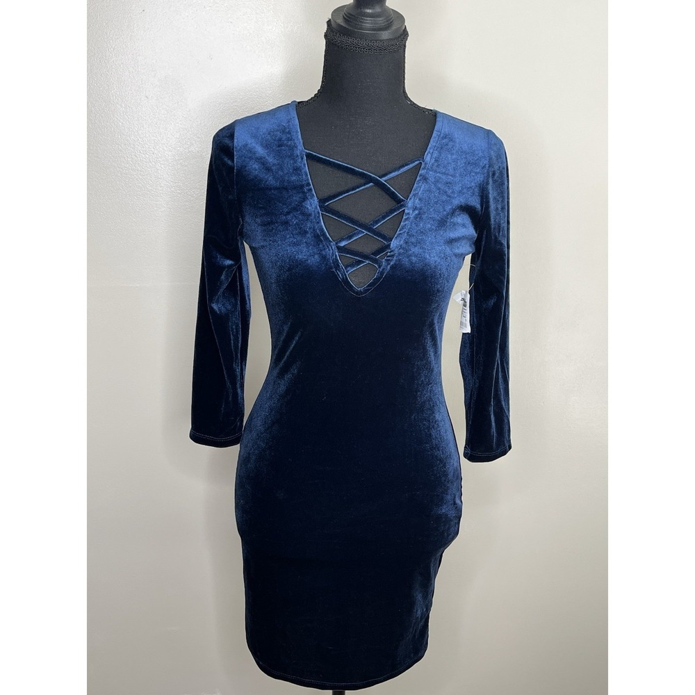 Ambiance Women's Blue Velvet Long Sleeve Dress Size Small NWTs